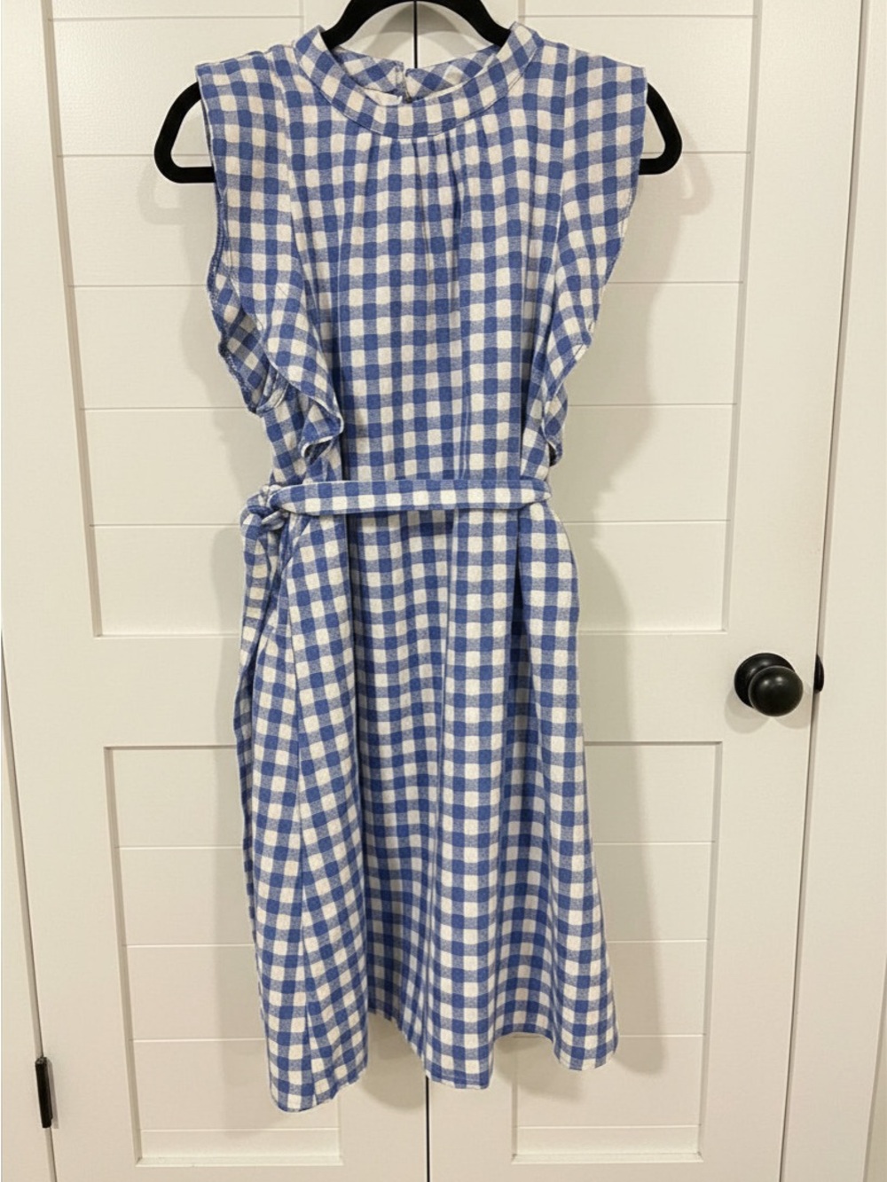 entro Blue and White Gingham Sleeveless Belted Midi Dress